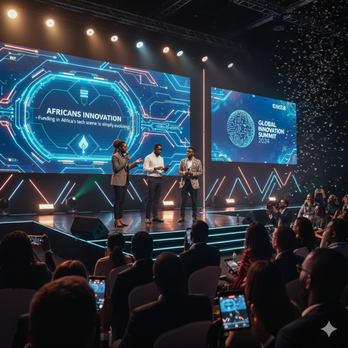 African startup founders pitching at a global tech event